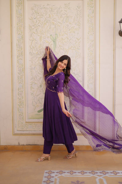 Premium Mul Chanderi Kurti Pant Dupatta Set with Beads Thread Embroidery