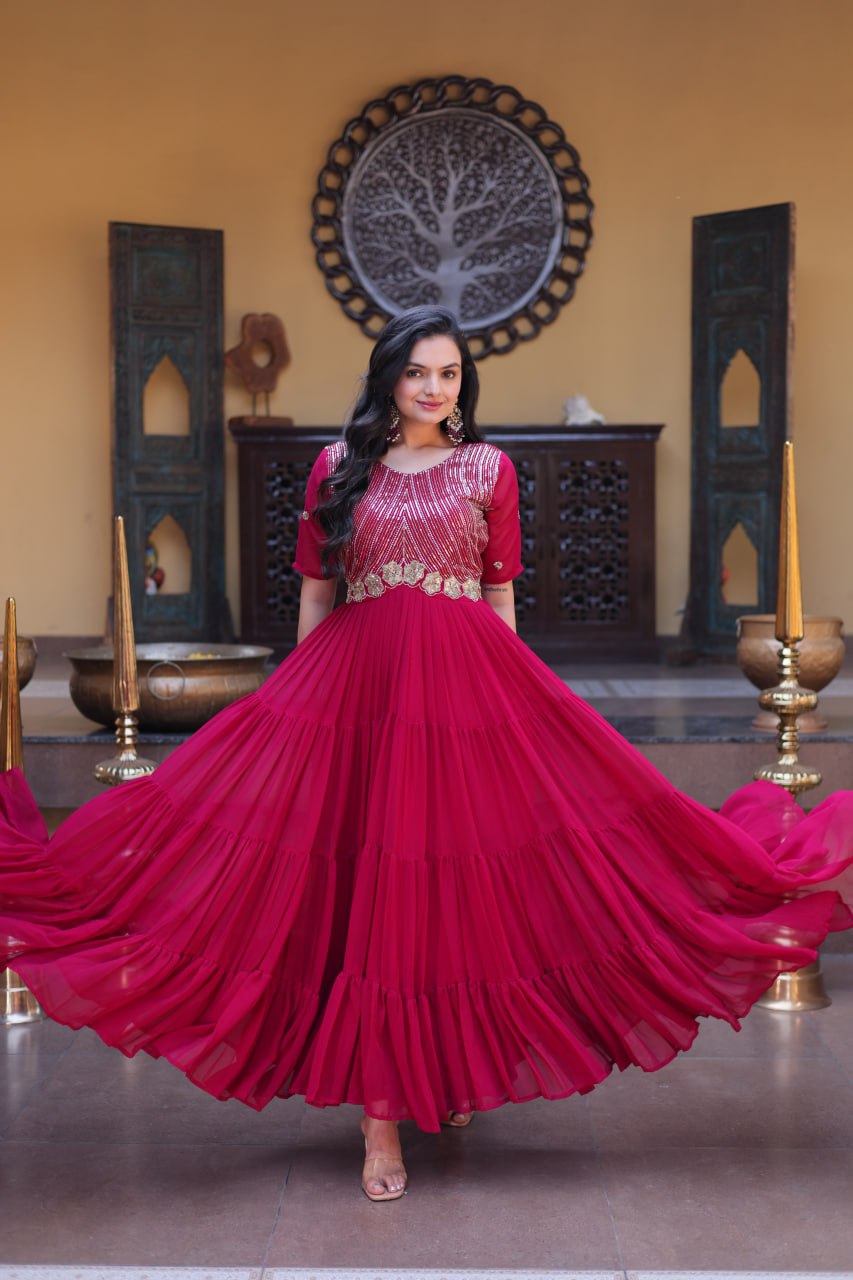 Premium Faux Blooming Designer Gown with Zari & Sequins Embroidery