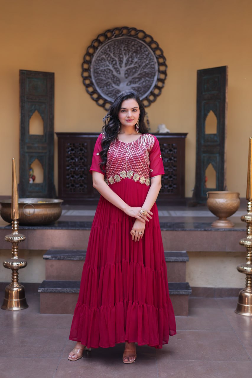 Premium Faux Blooming Designer Gown with Zari & Sequins Embroidery