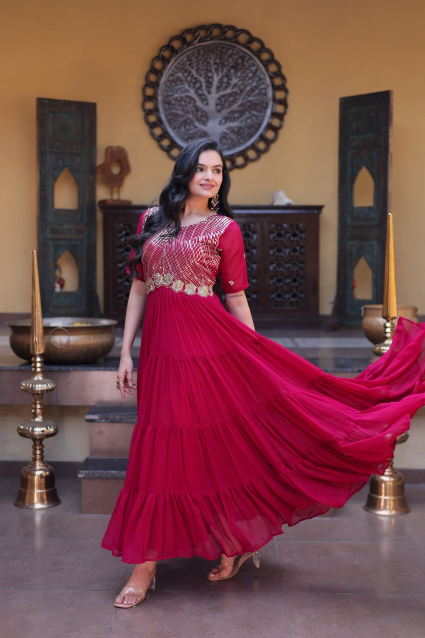 Premium Faux Blooming Designer Gown with Zari & Sequins Embroidery