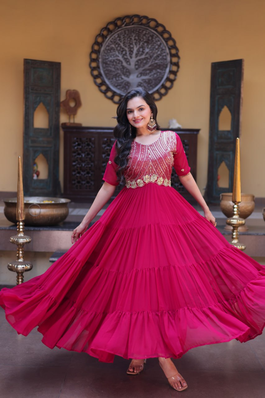 Premium Faux Blooming Designer Gown with Zari & Sequins Embroidery