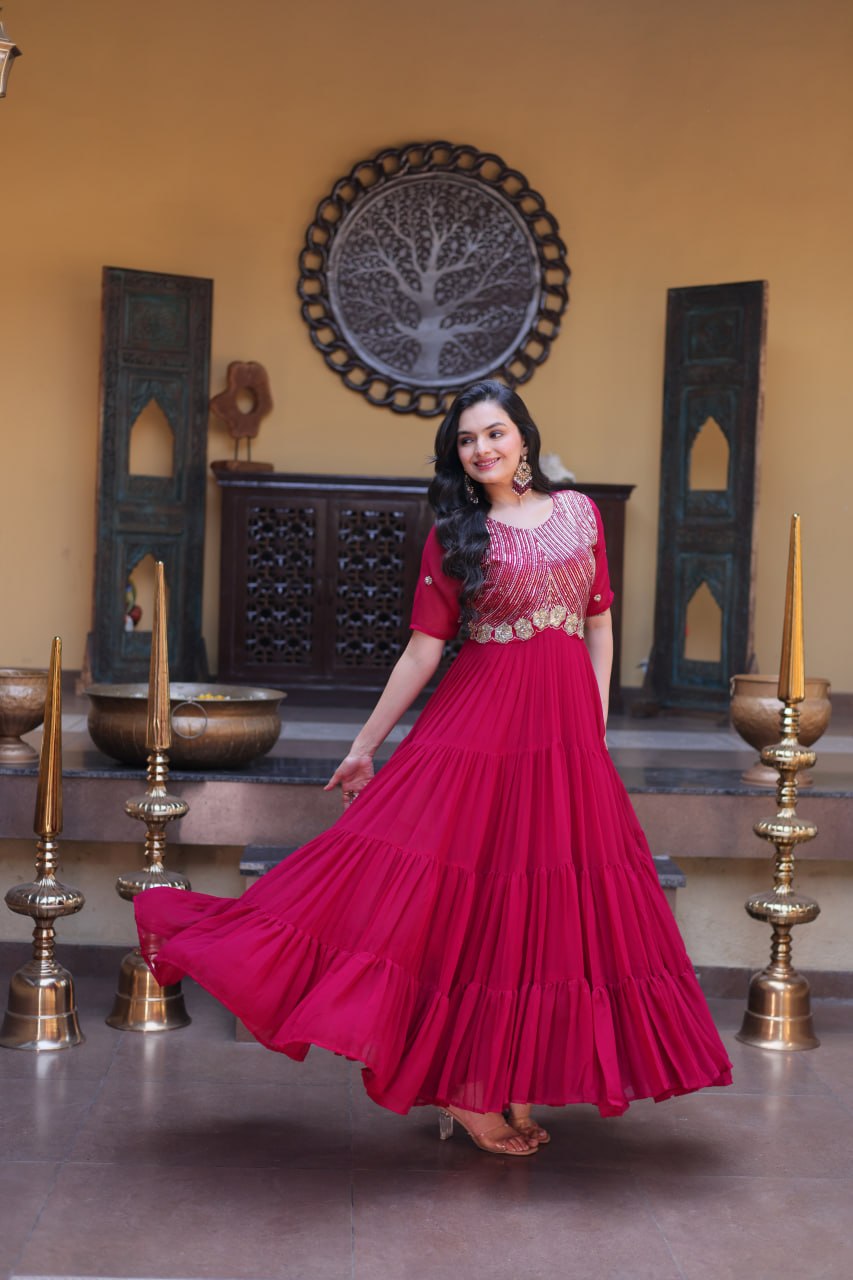 Premium Faux Blooming Designer Gown with Zari & Sequins Embroidery