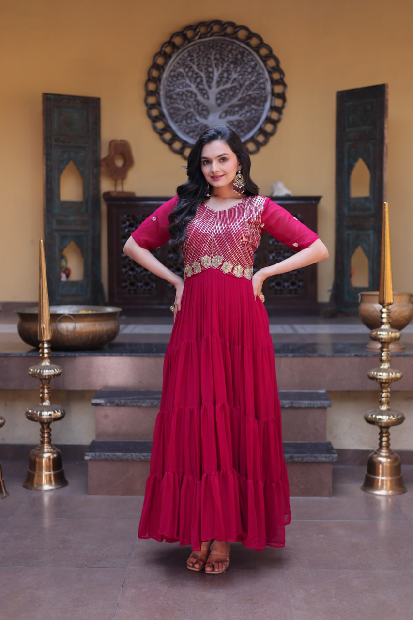 Premium Faux Blooming Designer Gown with Zari & Sequins Embroidery