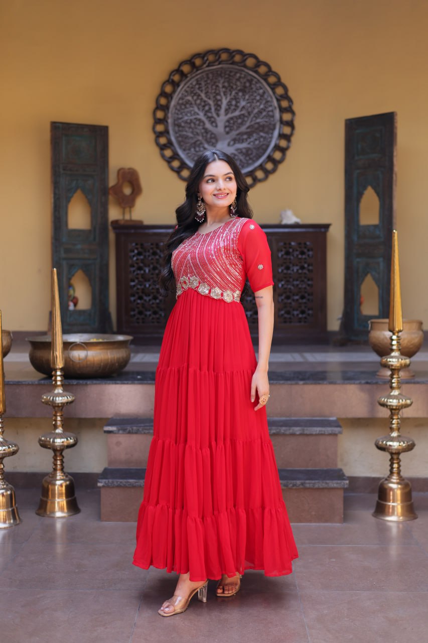 Premium Faux Blooming Designer Gown with Zari & Sequins Embroidery