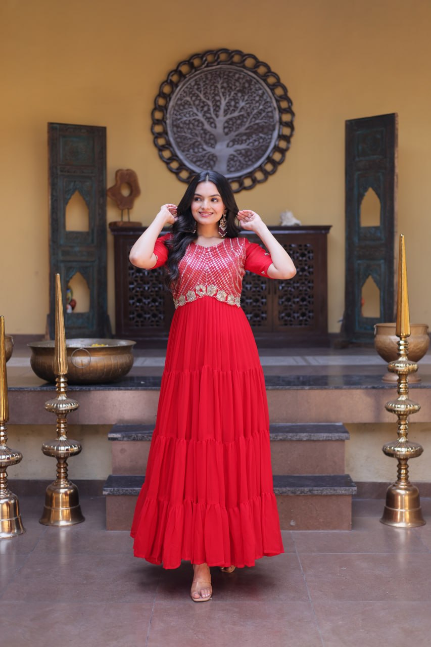 Premium Faux Blooming Designer Gown with Zari & Sequins Embroidery