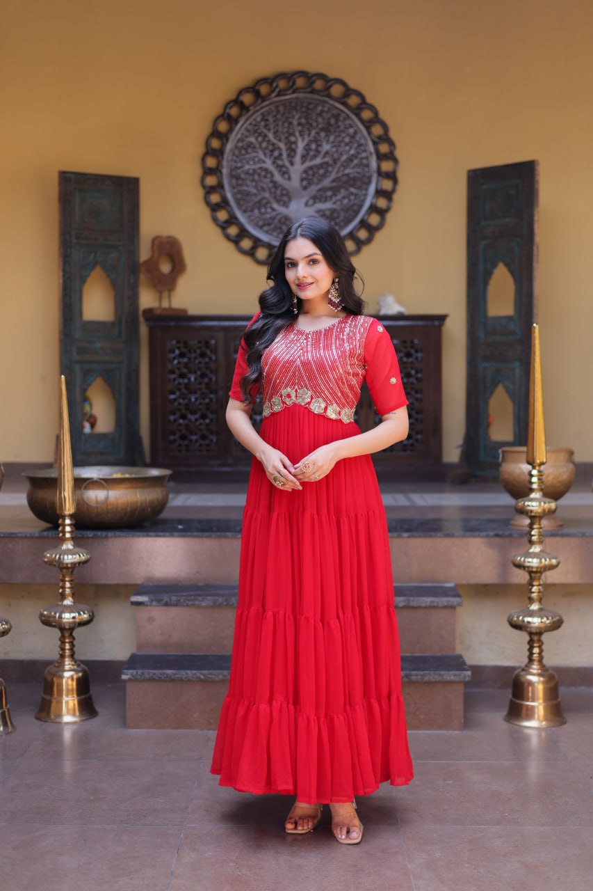 Premium Faux Blooming Designer Gown with Zari & Sequins Embroidery