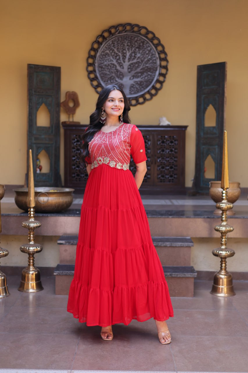 Premium Faux Blooming Designer Gown with Zari & Sequins Embroidery