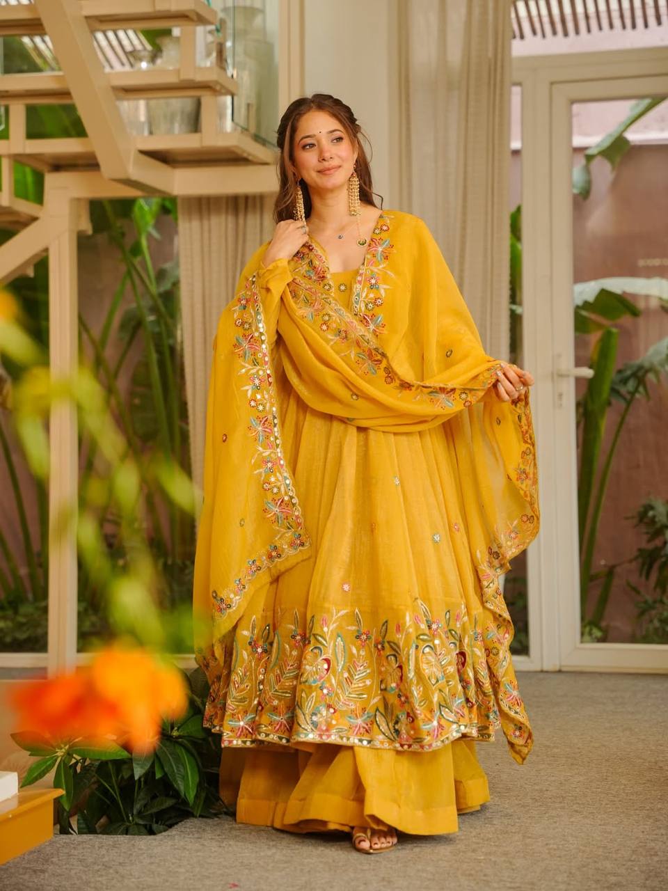 Premium Soft Crunchy Silk Designer Anarkali Suit Set with Sequins Multi Embroidery, Sharara & Dupatta