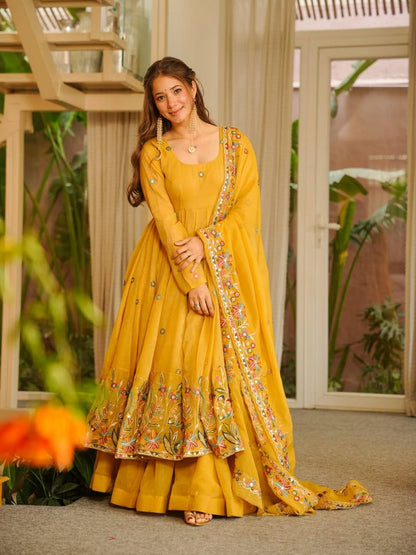 Premium Soft Crunchy Silk Designer Anarkali Suit Set with Sequins Multi Embroidery, Sharara & Dupatta