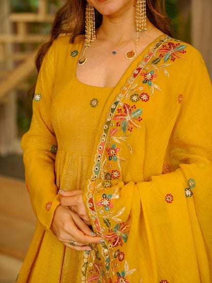 Premium Soft Crunchy Silk Designer Anarkali Suit Set with Sequins Multi Embroidery, Sharara & Dupatta