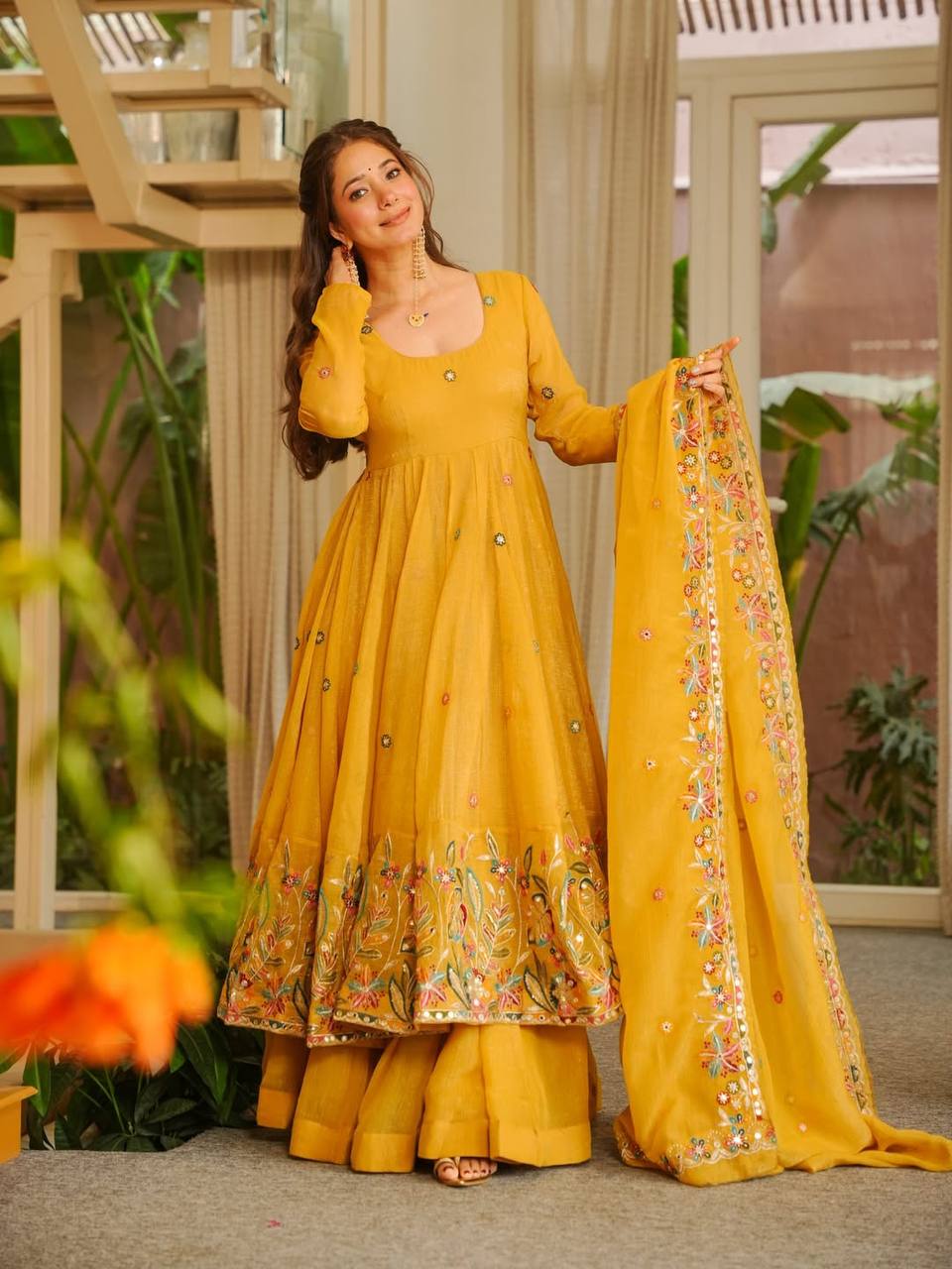 Premium Soft Crunchy Silk Designer Anarkali Suit Set with Sequins Multi Embroidery, Sharara & Dupatta