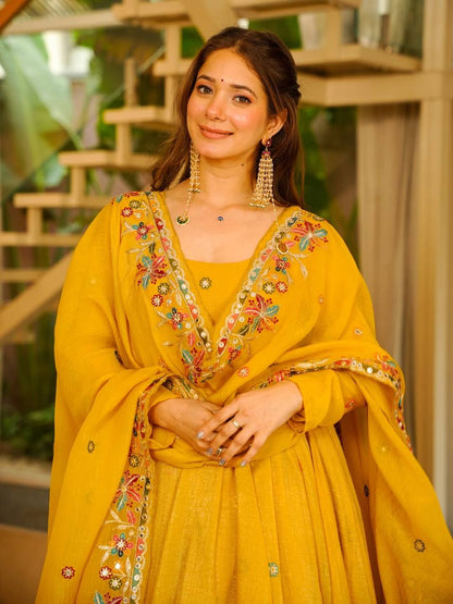 Premium Soft Crunchy Silk Designer Anarkali Suit Set with Sequins Multi Embroidery, Sharara & Dupatta