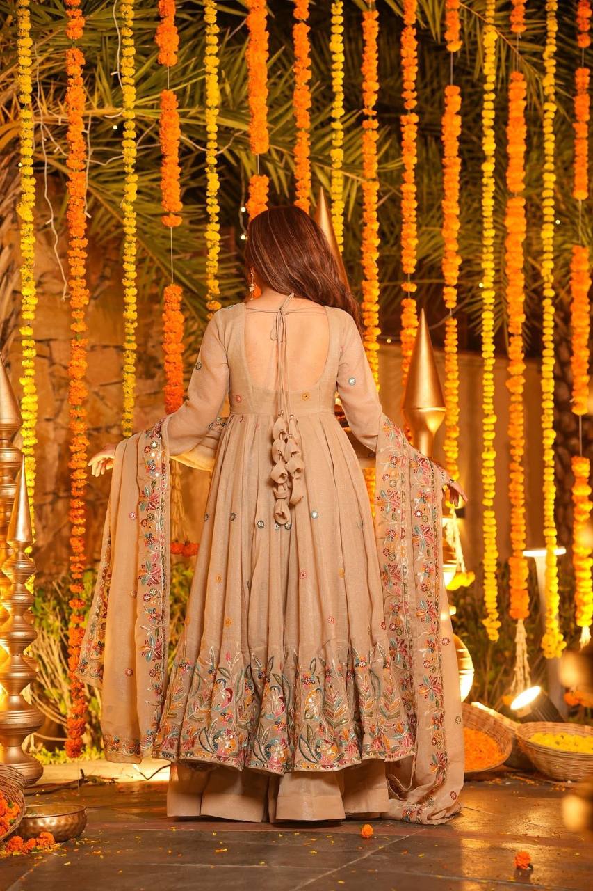 Premium Soft Crunchy Silk Designer Anarkali Suit Set with Sequins Multi Embroidery, Sharara & Dupatta