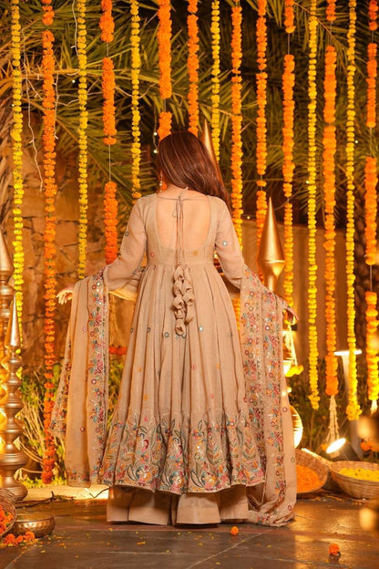 Premium Soft Crunchy Silk Designer Anarkali Suit Set with Sequins Multi Embroidery, Sharara & Dupatta