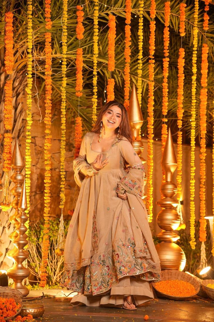 Premium Soft Crunchy Silk Designer Anarkali Suit Set with Sequins Multi Embroidery, Sharara & Dupatta
