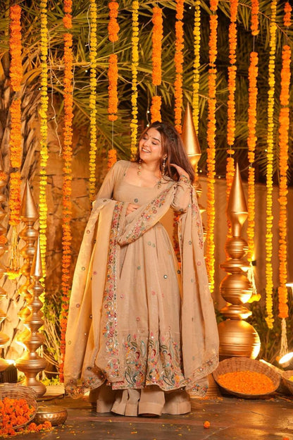 Premium Soft Crunchy Silk Designer Anarkali Suit Set with Sequins Multi Embroidery, Sharara & Dupatta