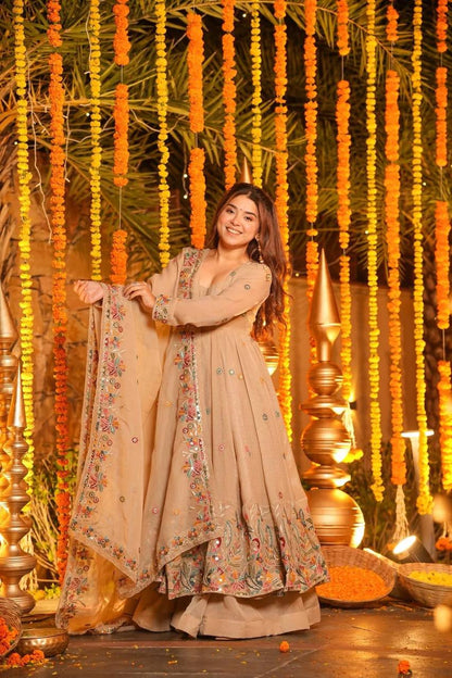 Premium Soft Crunchy Silk Designer Anarkali Suit Set with Sequins Multi Embroidery, Sharara & Dupatta