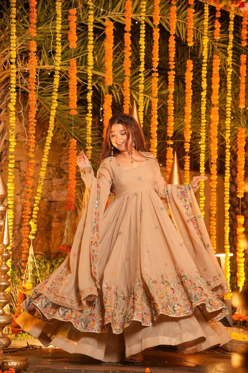 Premium Soft Crunchy Silk Designer Anarkali Suit Set with Sequins Multi Embroidery, Sharara & Dupatta