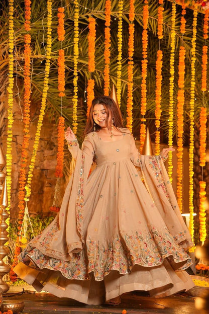 Premium Soft Crunchy Silk Designer Anarkali Suit Set with Sequins Multi Embroidery, Sharara & Dupatta