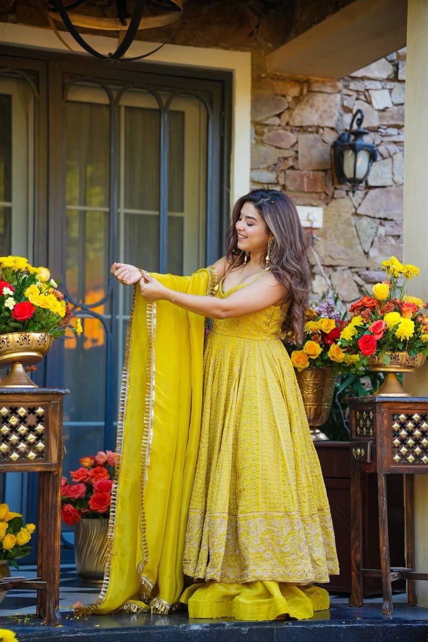 Designer Party Wear Anarkali Suit Set with Heavy Zari Embroidery & Sequins Work