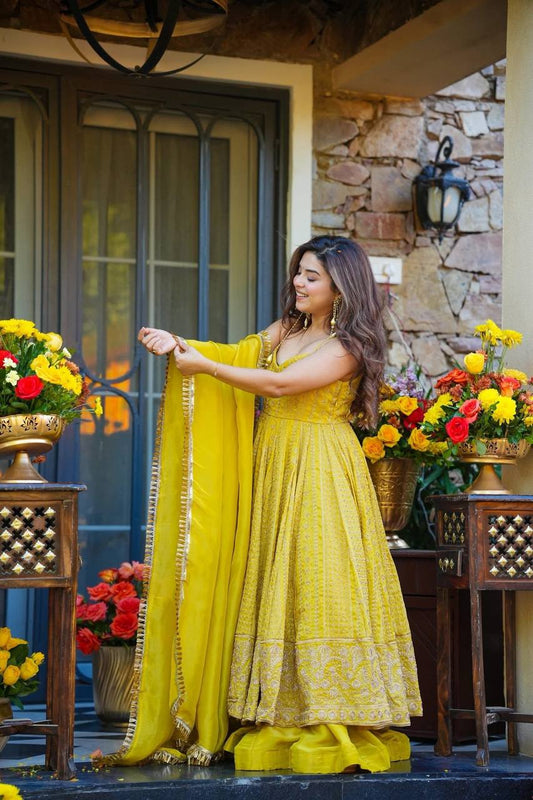 Designer Party Wear Anarkali Suit Set with Heavy Zari Embroidery & Sequins Work