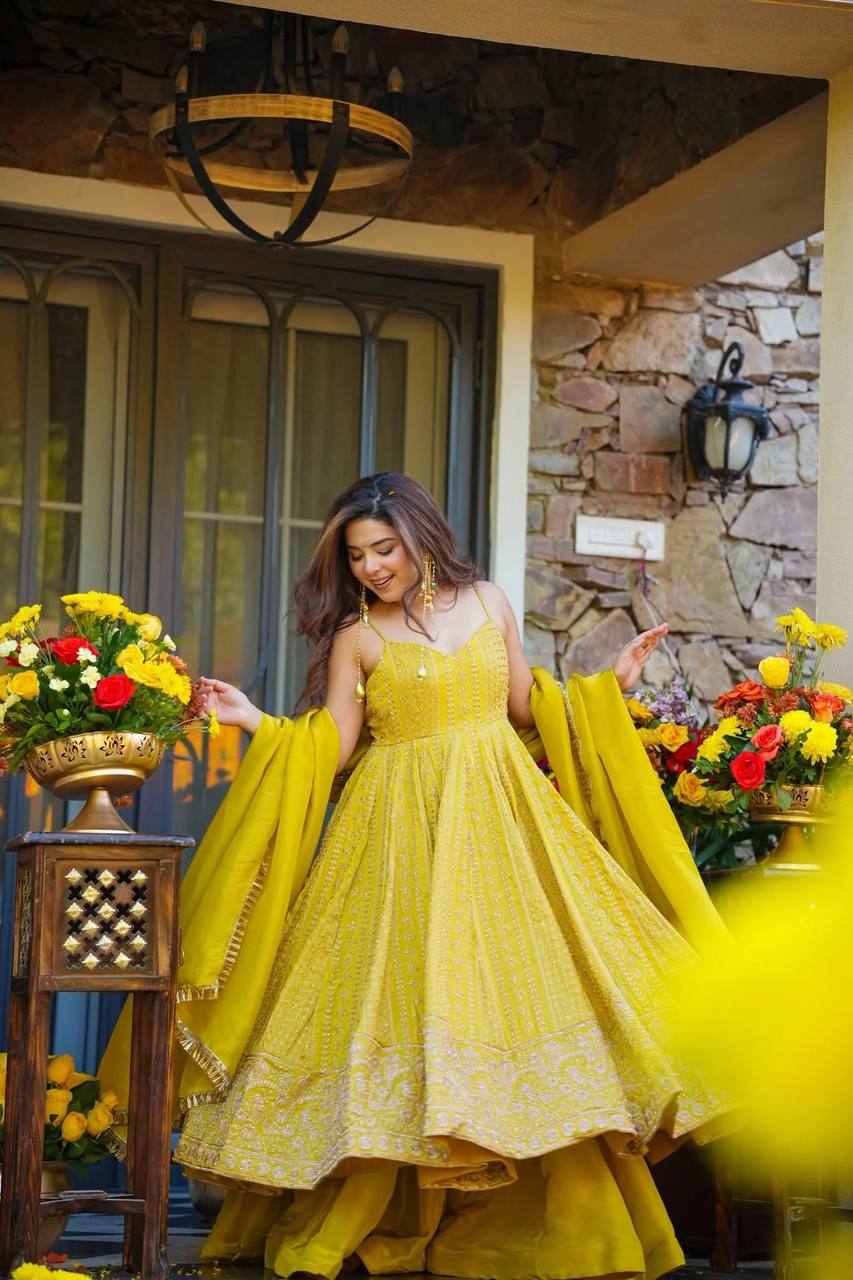 Designer Party Wear Anarkali Suit Set with Heavy Zari Embroidery & Sequins Work