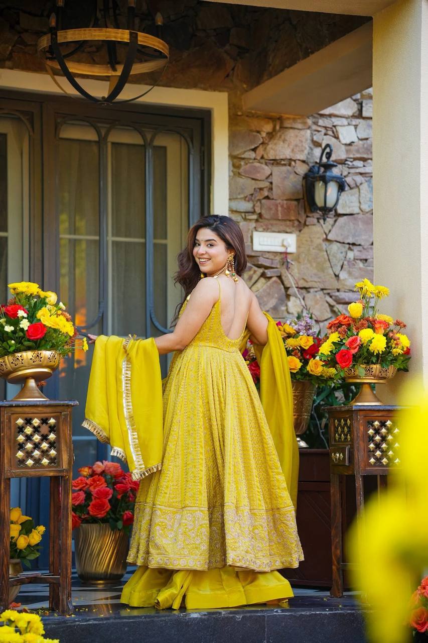 Designer Party Wear Anarkali Suit Set with Heavy Zari Embroidery & Sequins Work