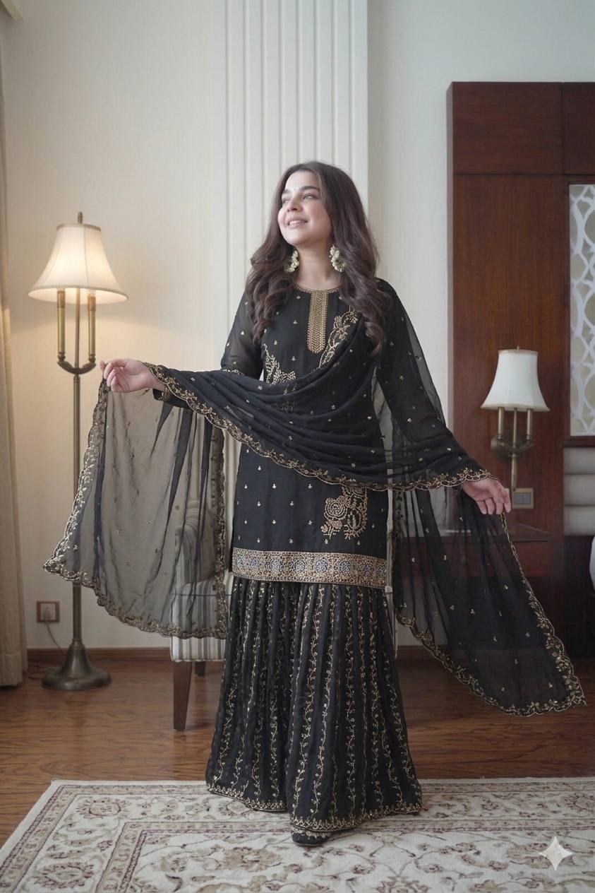 Premium Embroidered Kurti Gharara Set in Fox Georgette with Dupatta