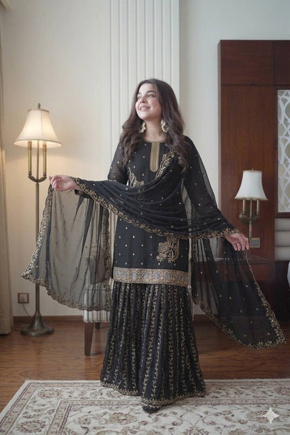 Premium Embroidered Kurti Gharara Set in Fox Georgette with Dupatta