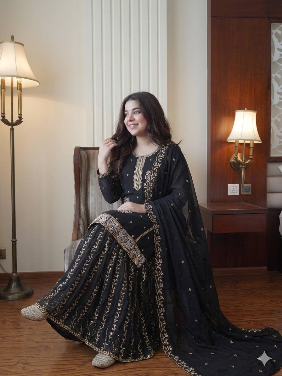 Premium Embroidered Kurti Gharara Set in Fox Georgette with Dupatta