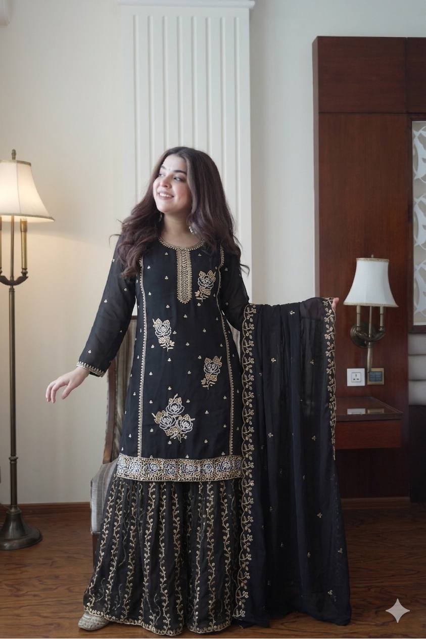 Premium Embroidered Kurti Gharara Set in Fox Georgette with Dupatta