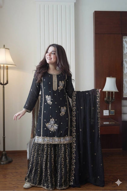 Premium Embroidered Kurti Gharara Set in Fox Georgette with Dupatta
