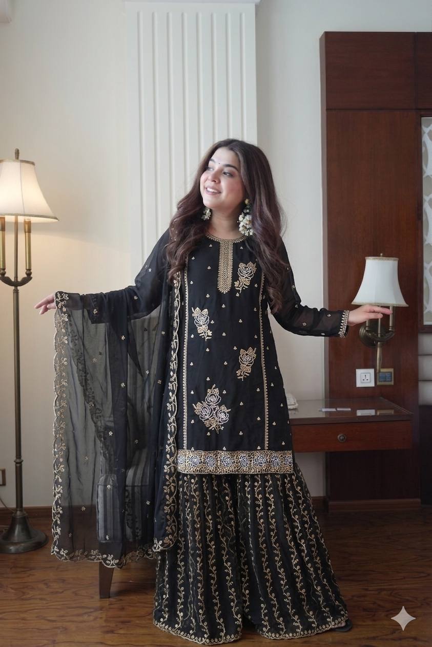 Premium Embroidered Kurti Gharara Set in Fox Georgette with Dupatta