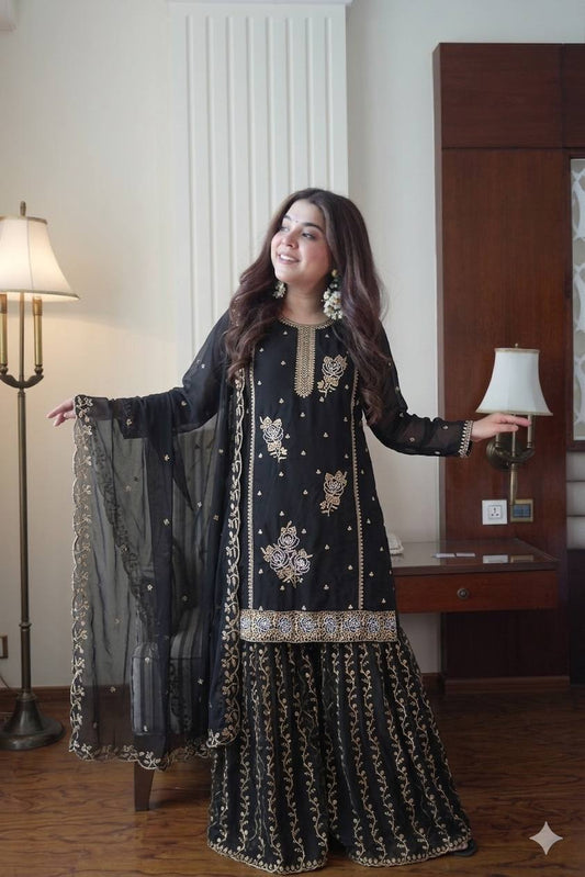 Premium Embroidered Kurti Gharara Set in Fox Georgette with Dupatta