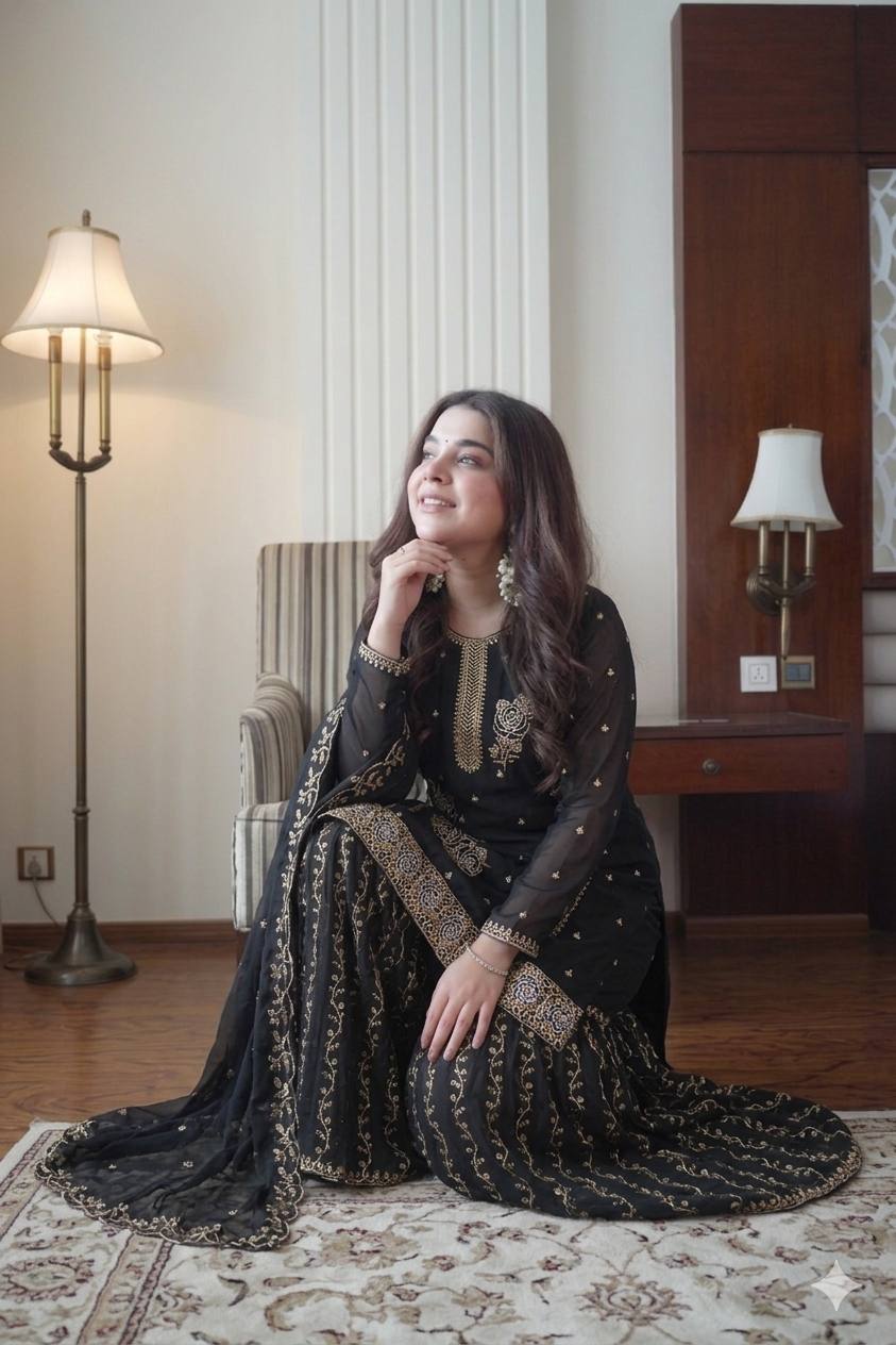 Premium Embroidered Kurti Gharara Set in Fox Georgette with Dupatta