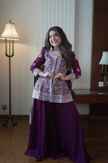 Designer Georgette Peplum Kurti Palazzo Set with Front & Back Sequins Work