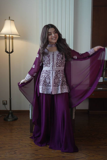 Designer Georgette Peplum Kurti Palazzo Set with Front & Back Sequins Work