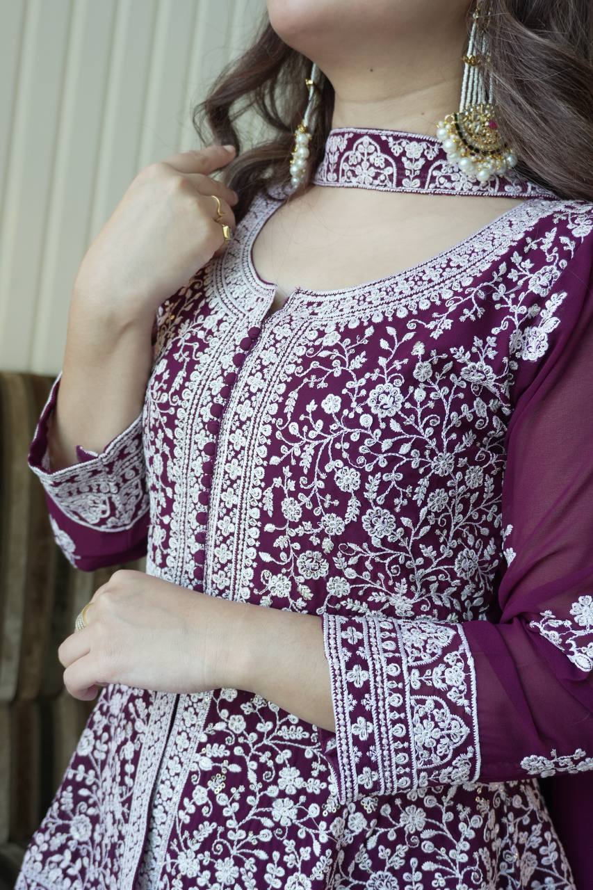 Designer Georgette Peplum Kurti Palazzo Set with Front & Back Sequins Work