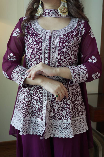 Designer Georgette Peplum Kurti Palazzo Set with Front & Back Sequins Work