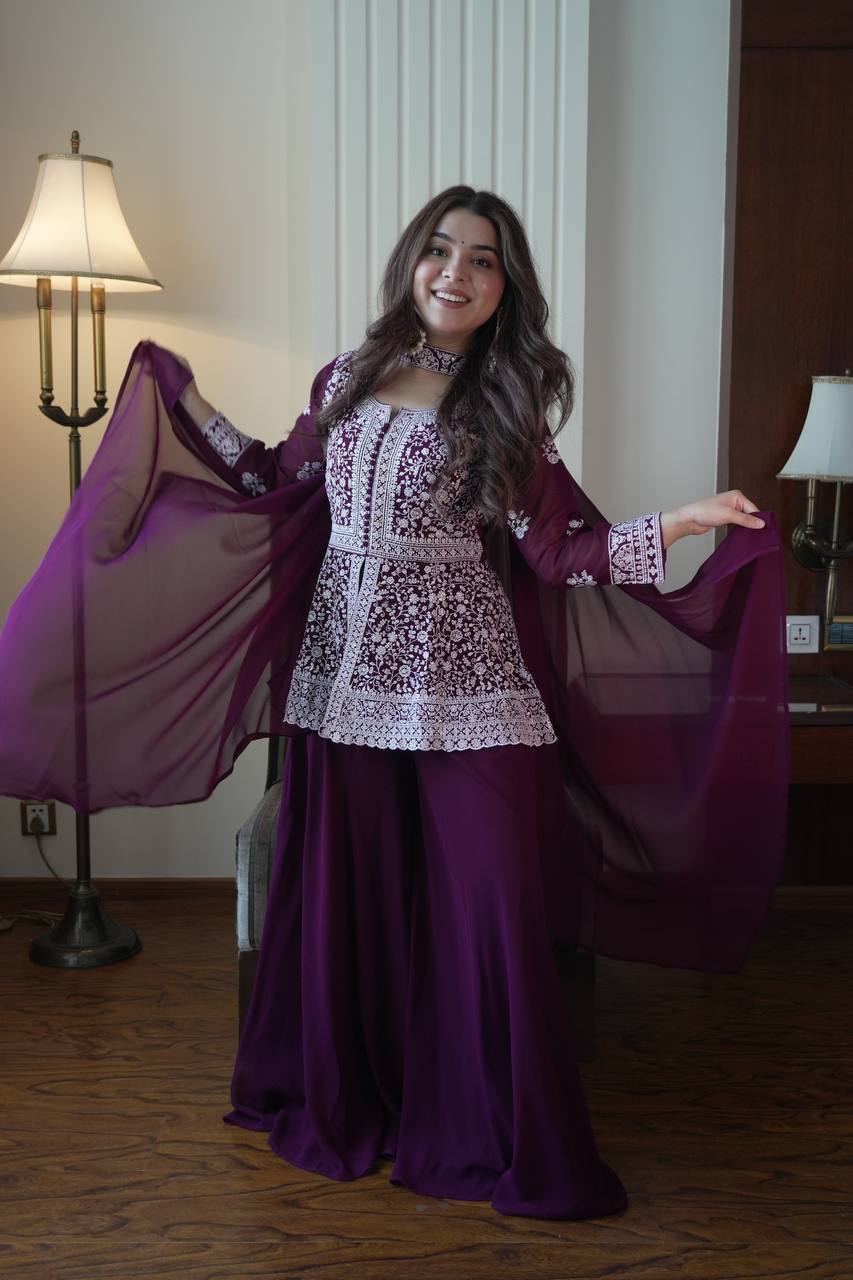 Designer Georgette Peplum Kurti Palazzo Set with Front & Back Sequins Work