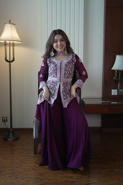 Designer Georgette Peplum Kurti Palazzo Set with Front & Back Sequins Work