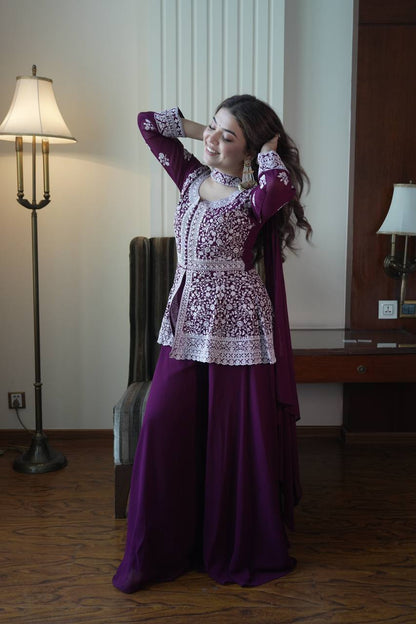 Designer Georgette Peplum Kurti Palazzo Set with Front & Back Sequins Work