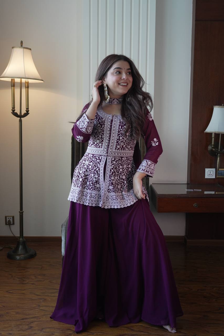 Designer Georgette Peplum Kurti Palazzo Set with Front & Back Sequins Work