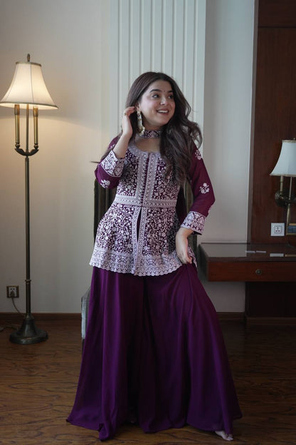 Designer Georgette Peplum Kurti Palazzo Set with Front & Back Sequins Work
