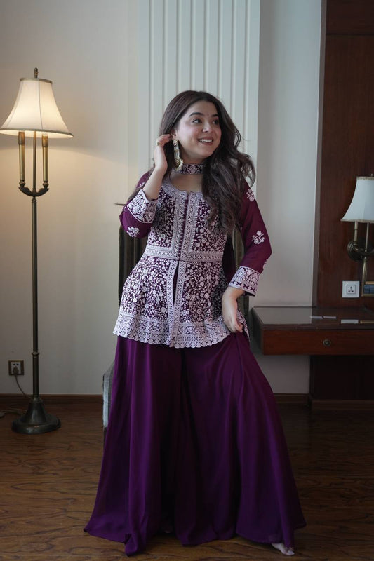 Designer Georgette Peplum Kurti Palazzo Set with Front & Back Sequins Work