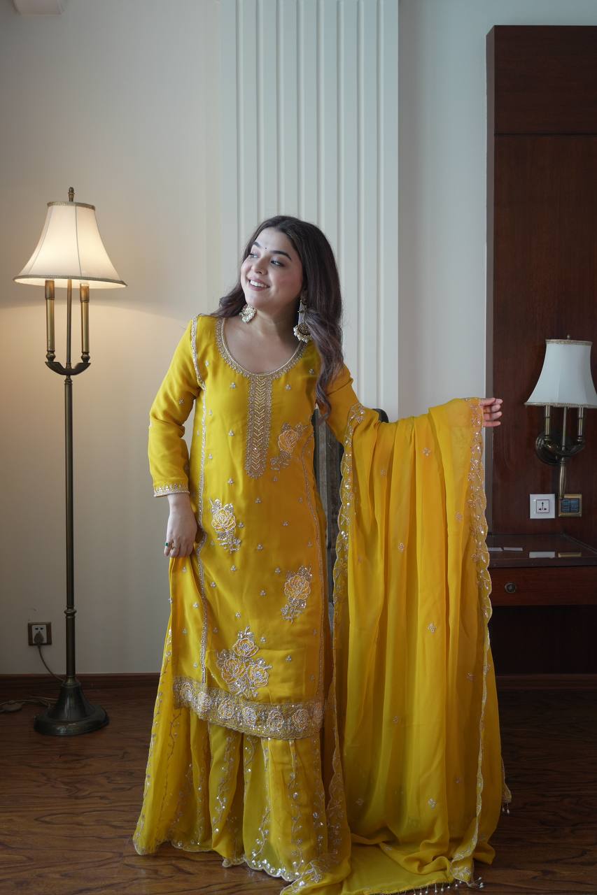Premium Fox Georgette Designer Gharara Suit Set with Sequins Embroidery, Beads Work & Dupatta