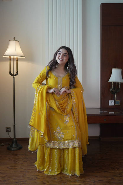Premium Fox Georgette Designer Gharara Suit Set with Sequins Embroidery, Beads Work & Dupatta