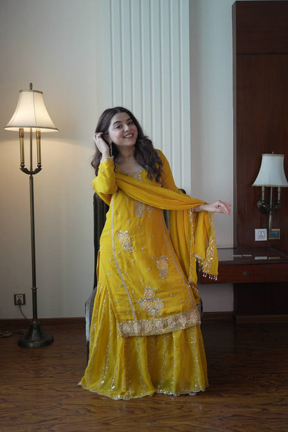 Premium Fox Georgette Designer Gharara Suit Set with Sequins Embroidery, Beads Work & Dupatta