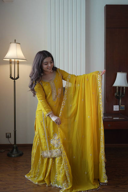 Premium Fox Georgette Designer Gharara Suit Set with Sequins Embroidery, Beads Work & Dupatta