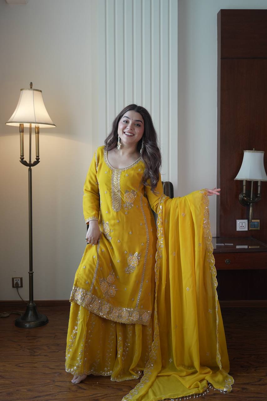 Premium Fox Georgette Designer Gharara Suit Set with Sequins Embroidery, Beads Work & Dupatta